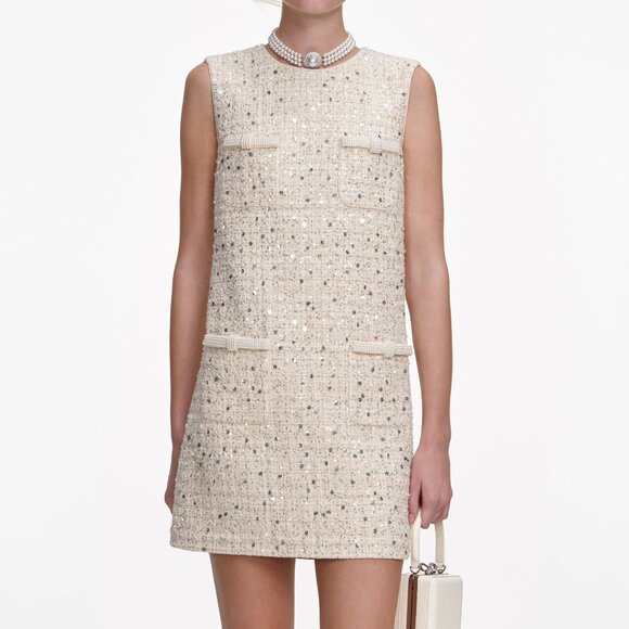 Self-Portrait Beige Trimmed Tweed Mini Dress - cruiseboatoman.com